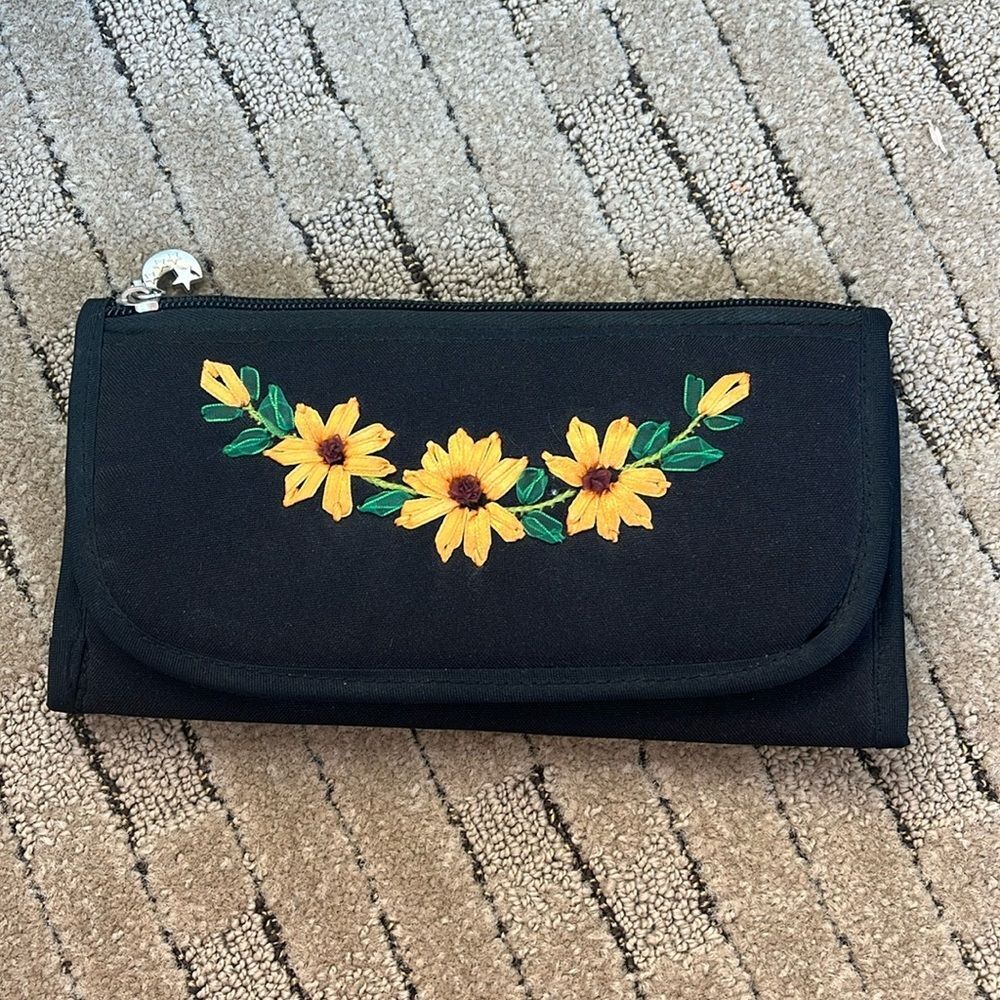Sunflower embroidered black wallet NWOT
